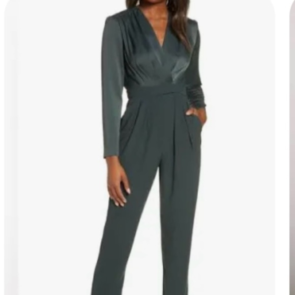 Eliza J Dark Green V-Neck Long Sleeve Jumpsuit